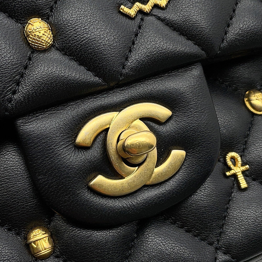 CHANEL Matelasse Double Flap Egyptian Bag Charm Chain Shoulder Bag BlackA01112 Lambskin Size 25
