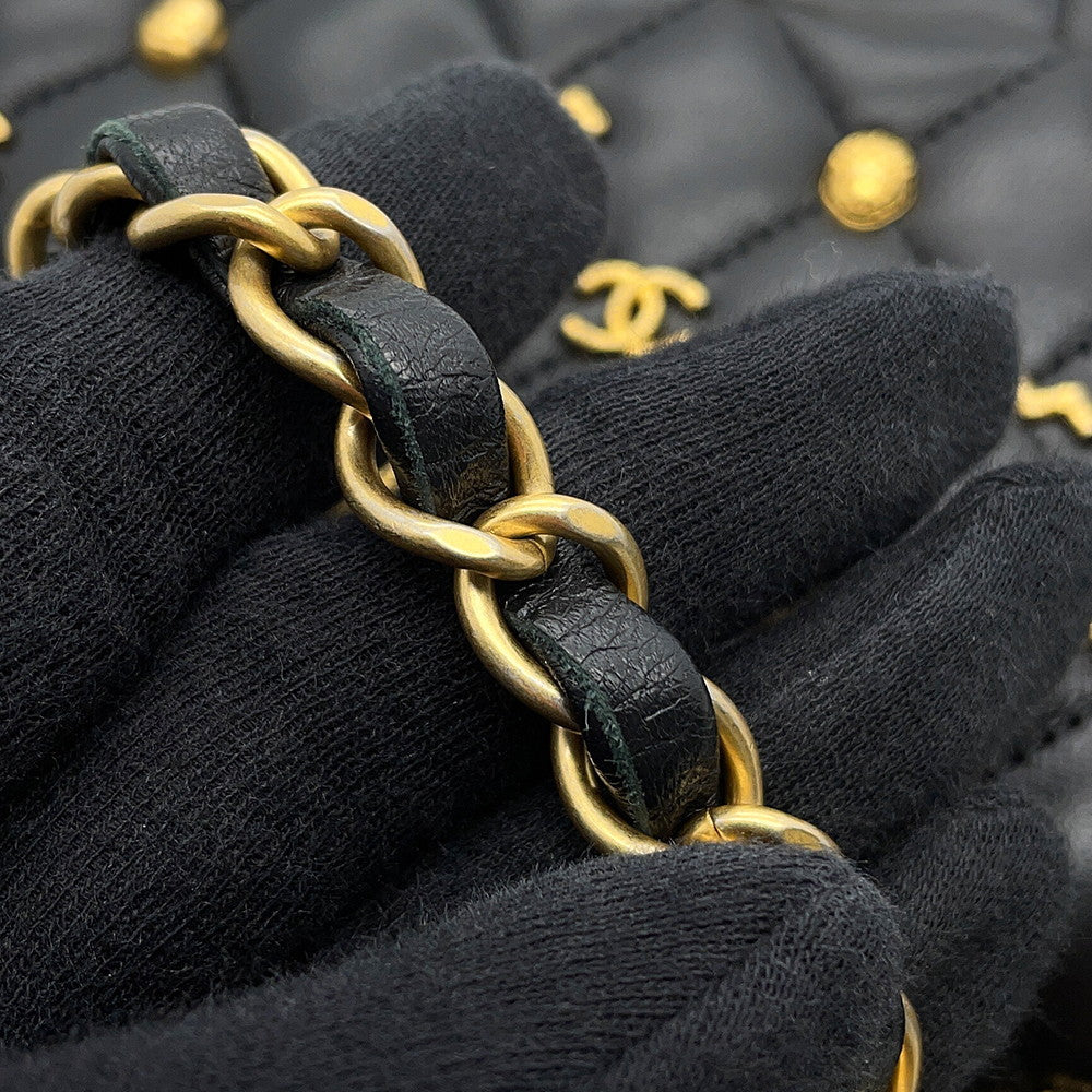 CHANEL Matelasse Double Flap Egyptian Bag Charm Chain Shoulder Bag BlackA01112 Lambskin Size 25