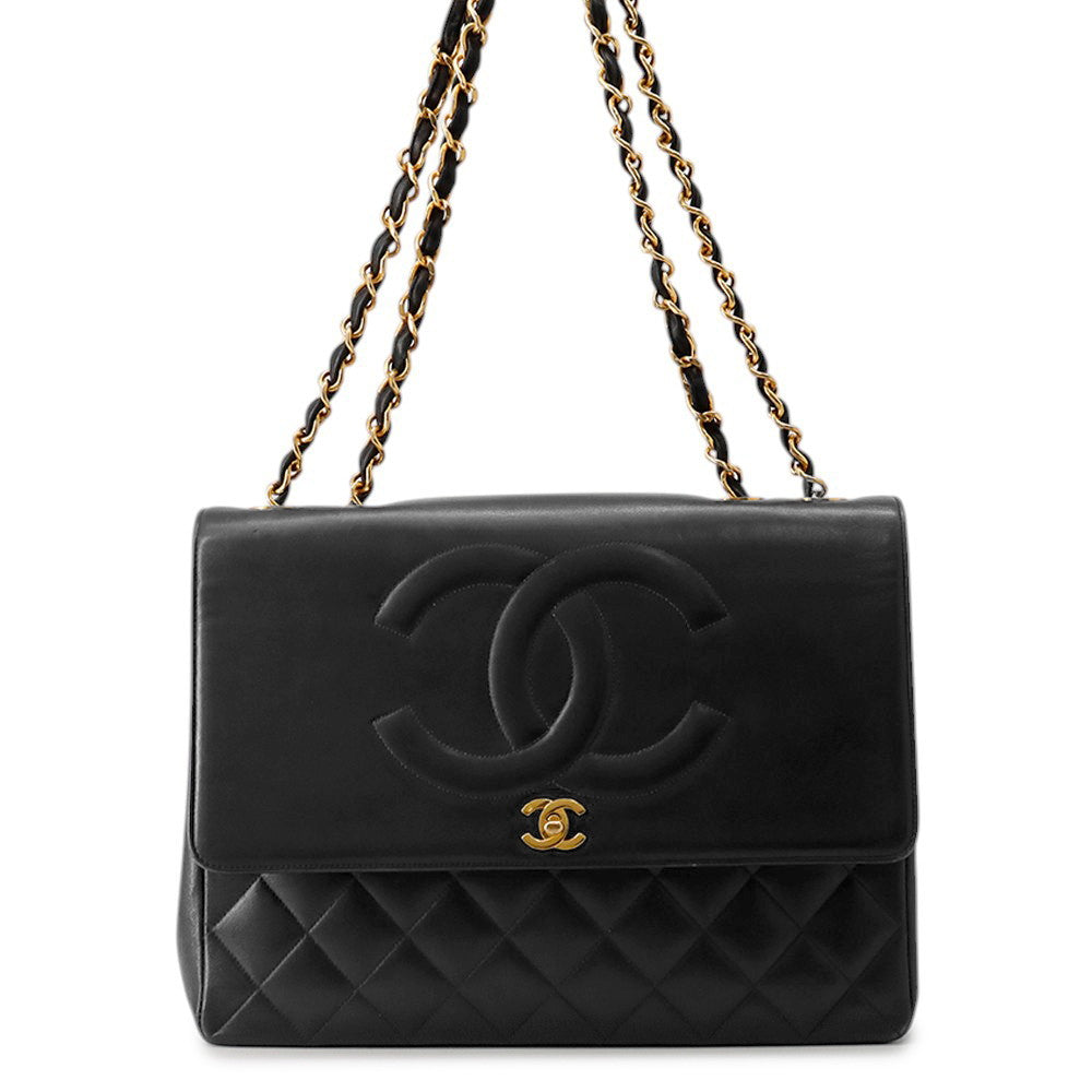 CHANEL Jumbo Matelasse Large CC Logo Chain Shoulder Black Leather