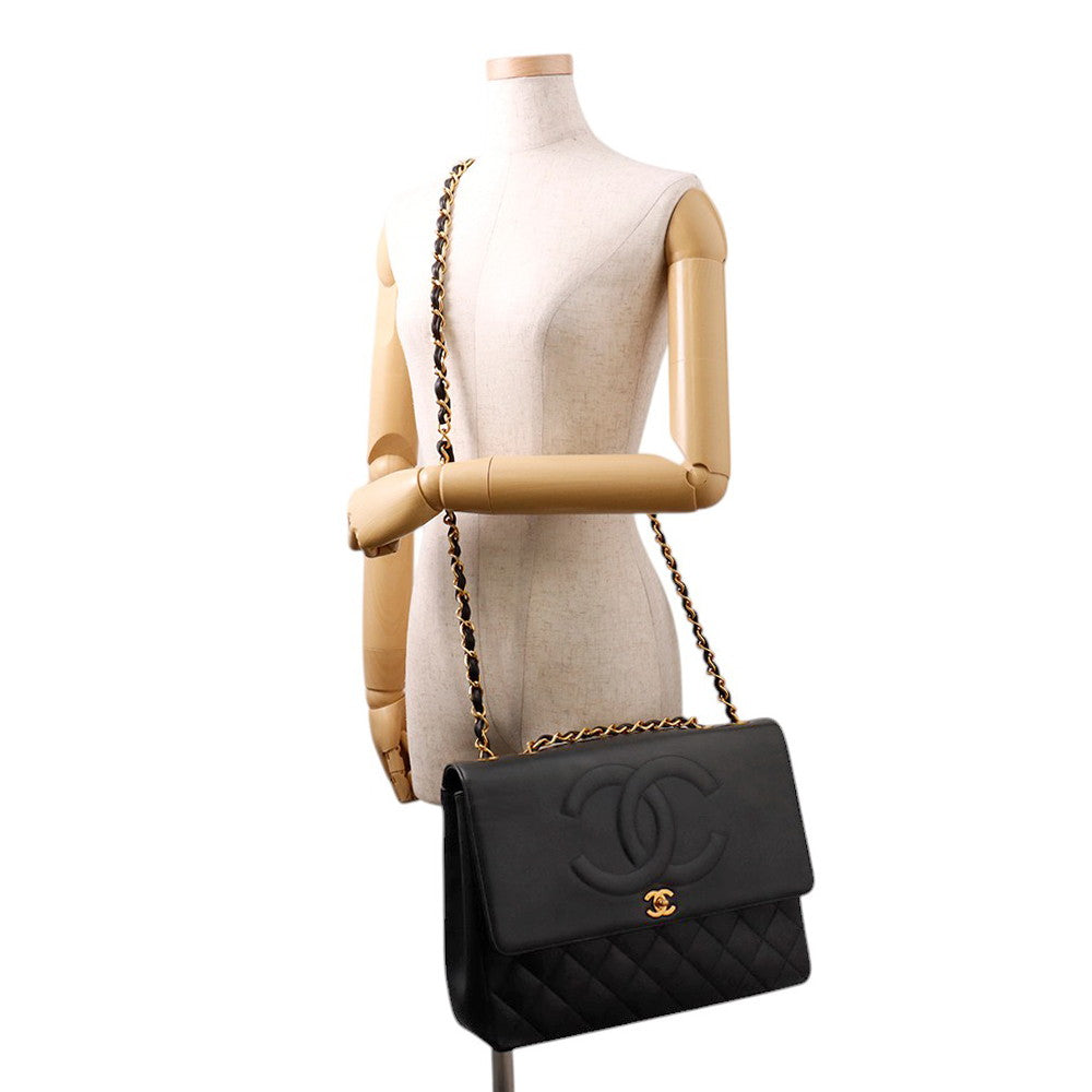CHANEL Jumbo Matelasse Large CC Logo Chain Shoulder Black Leather
