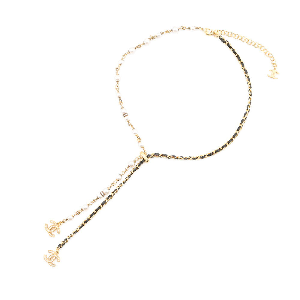 CHANEL CC Logo NecklaceABE732-B18632-NAAOL Gold Plated Rhinestone Faux Pearl Calf Leather