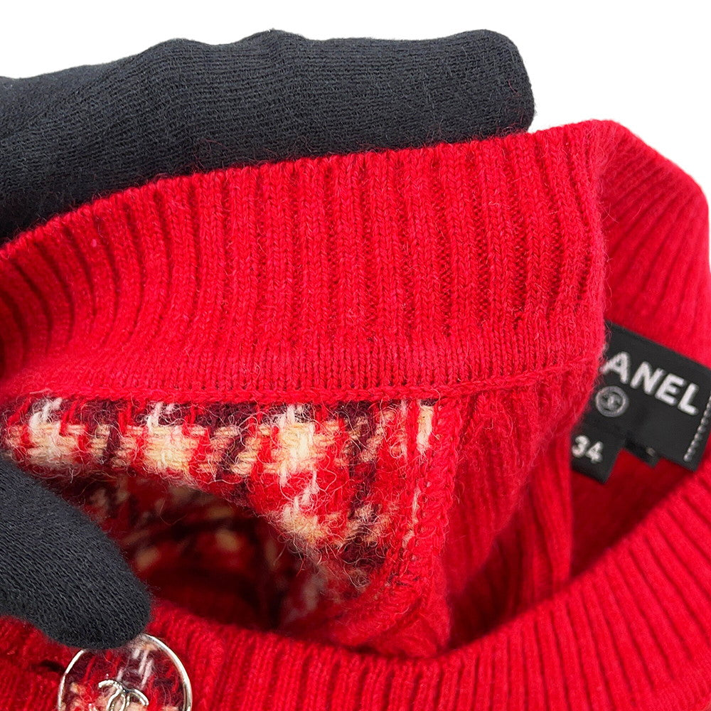 CHANEL CC Logo Check Knit Size 34 RedP77377 K11231 NZI40 Cashmere97% Polyamide2% Elastine1%