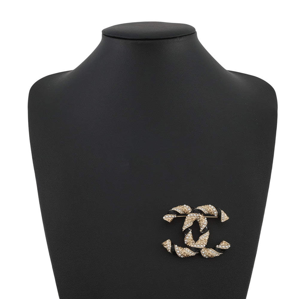 CHANEL CC Logo BroochAB5776 Gold Plated Rhinestone Faux Pearl
