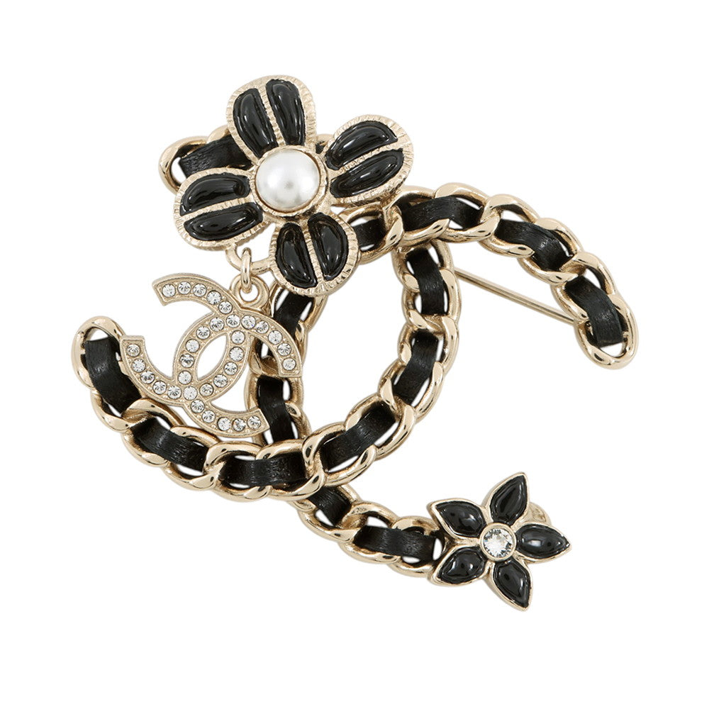 CHANEL CC Logo Brooch BlackAB9679 Gold Plated Leather Rhinestone Faux Pearl