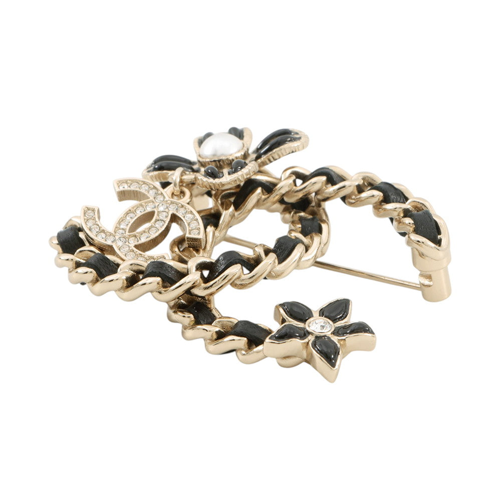 CHANEL CC Logo Brooch BlackAB9679 Gold Plated Leather Rhinestone Faux Pearl