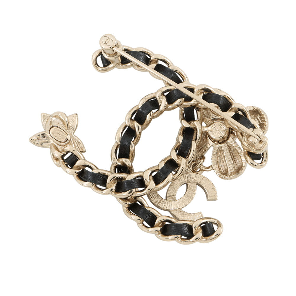 CHANEL CC Logo Brooch BlackAB9679 Gold Plated Leather Rhinestone Faux Pearl