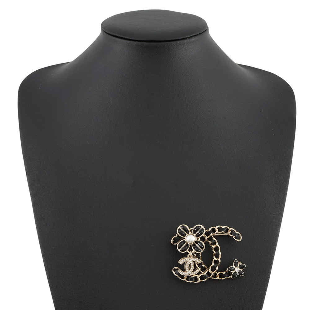 CHANEL CC Logo Brooch BlackAB9679 Gold Plated Leather Rhinestone Faux Pearl