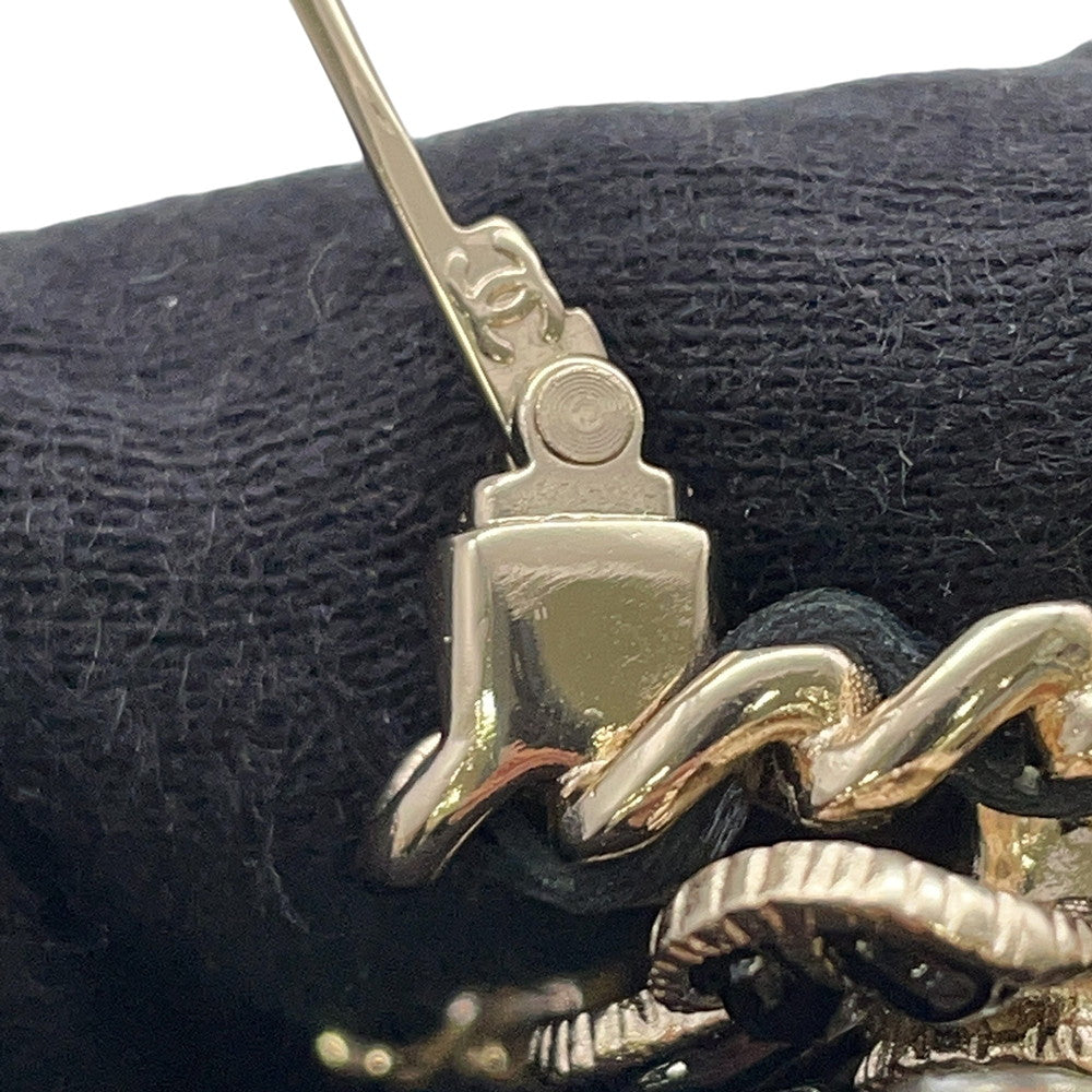CHANEL CC Logo Brooch BlackAB9679 Gold Plated Leather Rhinestone Faux Pearl
