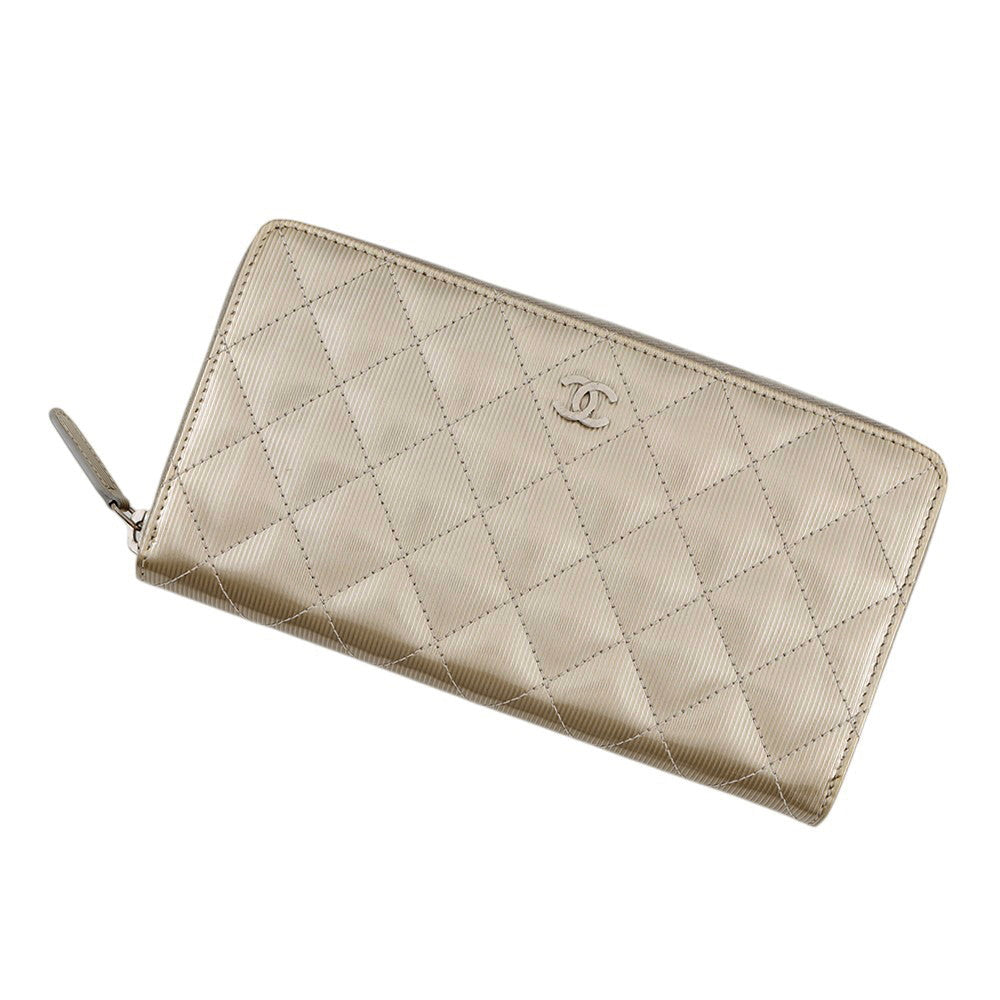 CHANEL Matelasse Zip Around Long Wallet Champagne GoldA50097 Patent Leather