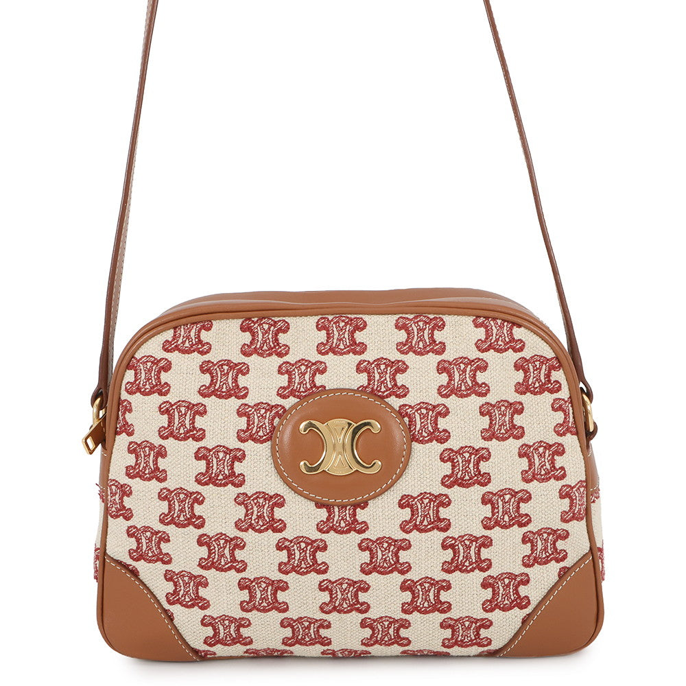 CELINE Shoulder Bag White/Brown/Red194332CS8 Canvas Leather