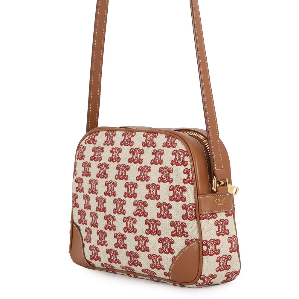 CELINE Shoulder Bag White/Brown/Red194332CS8 Canvas Leather