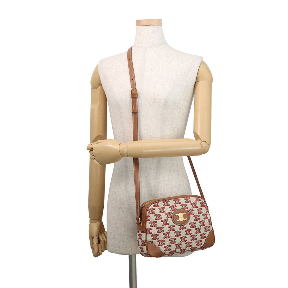 CELINE Shoulder Bag White/Brown/Red194332CS8 Canvas Leather