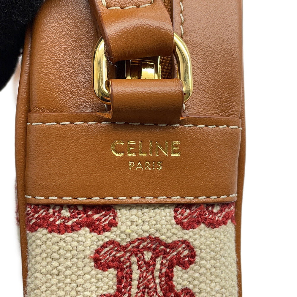 CELINE Shoulder Bag White/Brown/Red194332CS8 Canvas Leather
