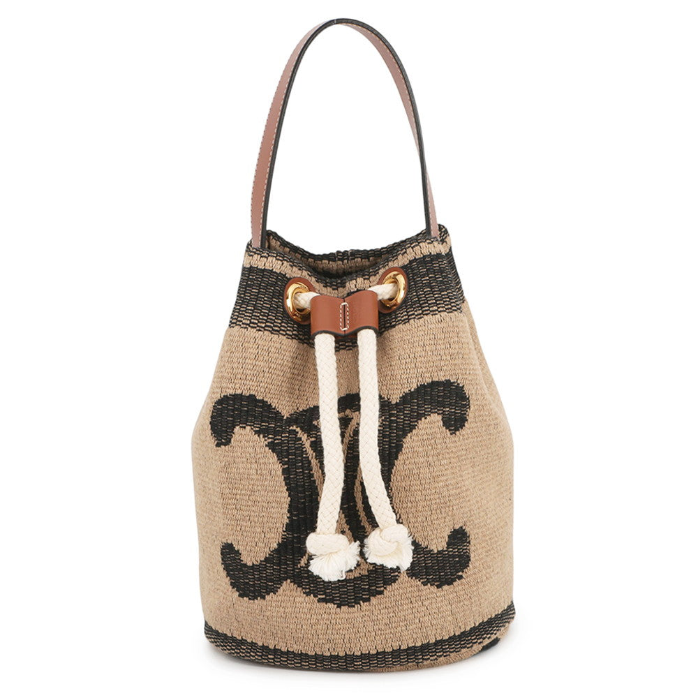 CELINE Teen Drawstring Triomphe Handbag Beige/Black/Tan196532 Canvas Leather