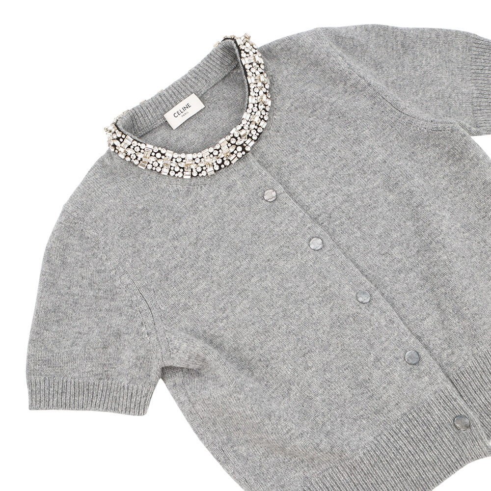 CELINE Rhinestone Cardigan Size XS Gray Cashmere Rhinestone