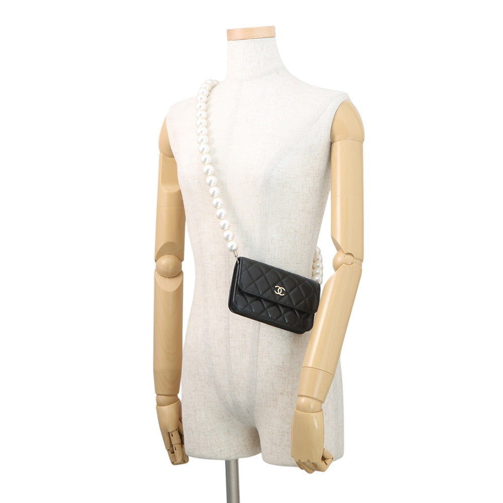 CHANEL Matelasse PearlChain ShoulderPouch BlackAP1838 Lambskin