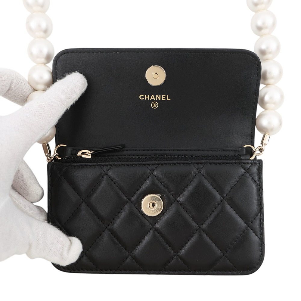 CHANEL Matelasse PearlChain ShoulderPouch BlackAP1838 Lambskin