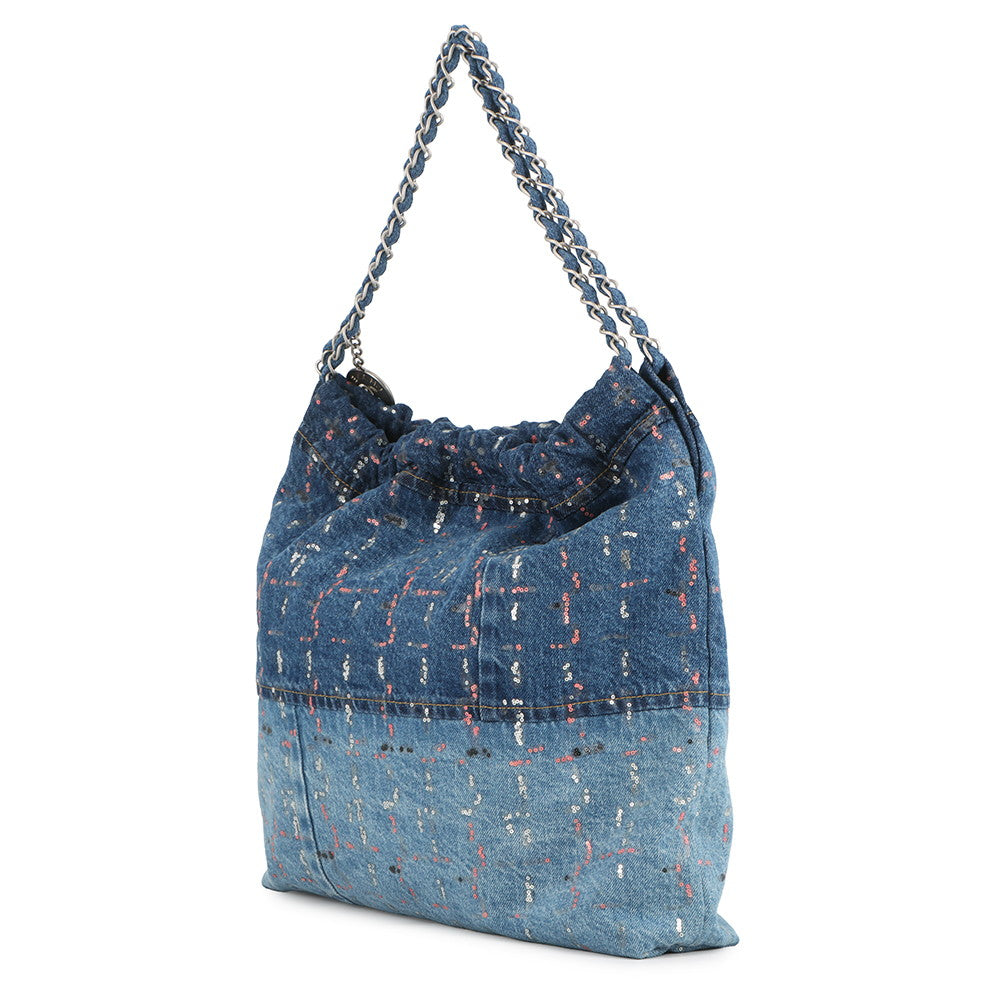 CHANEL CHANEL 22 Glitter Patchwork Chain Handbag Blue/PinkAS3261 Denim Size Small
