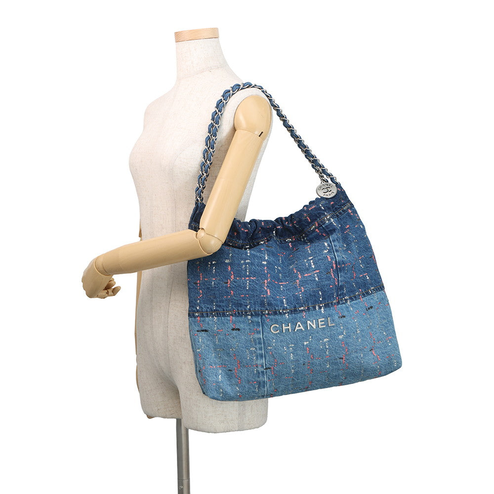 CHANEL CHANEL 22 Glitter Patchwork Chain Handbag Blue/PinkAS3261 Denim Size Small