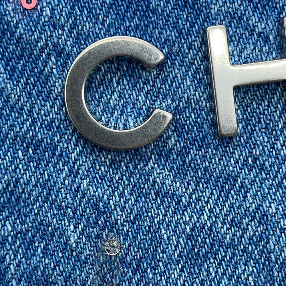 CHANEL CHANEL 22 Glitter Patchwork Chain Handbag Blue/PinkAS3261 Denim Size Small