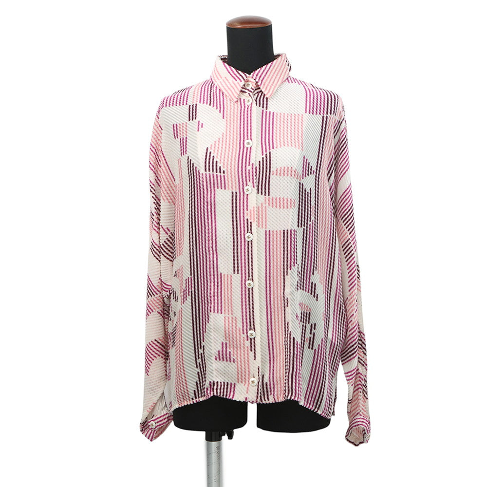 CHANEL Viscose CC Logo Button All-Over Print Shirt Size 38 White/Pink/PurpleP75476 Viscose 64% Silk 36%
