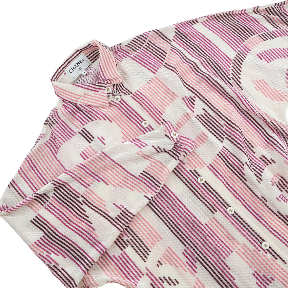 CHANEL Viscose CC Logo Button All-Over Print Shirt Size 38 White/Pink/PurpleP75476 Viscose 64% Silk 36%