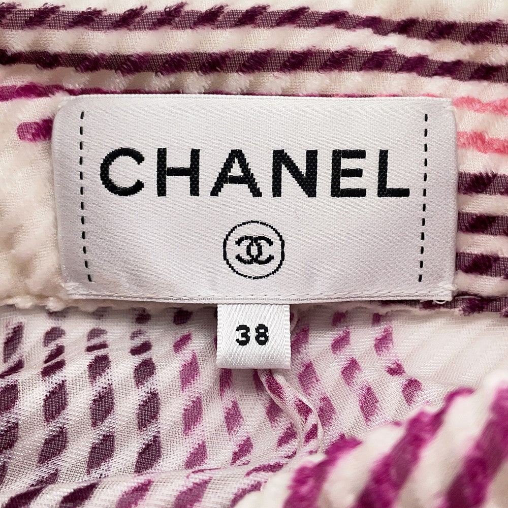 CHANEL Viscose CC Logo Button All-Over Print Shirt Size 38 White/Pink/PurpleP75476 Viscose 64% Silk 36%