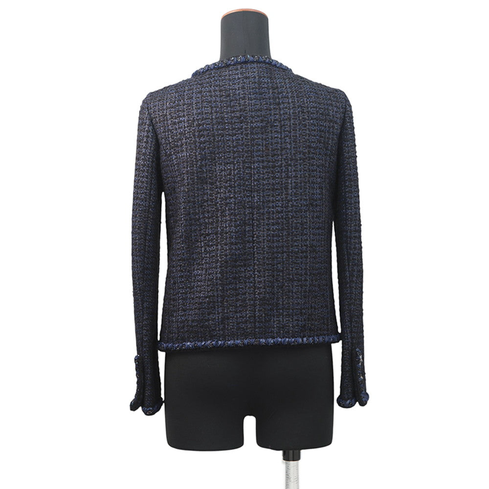 CHANEL Lion Button Collarless Jacket Size 34 NavyP72421 Tweed
