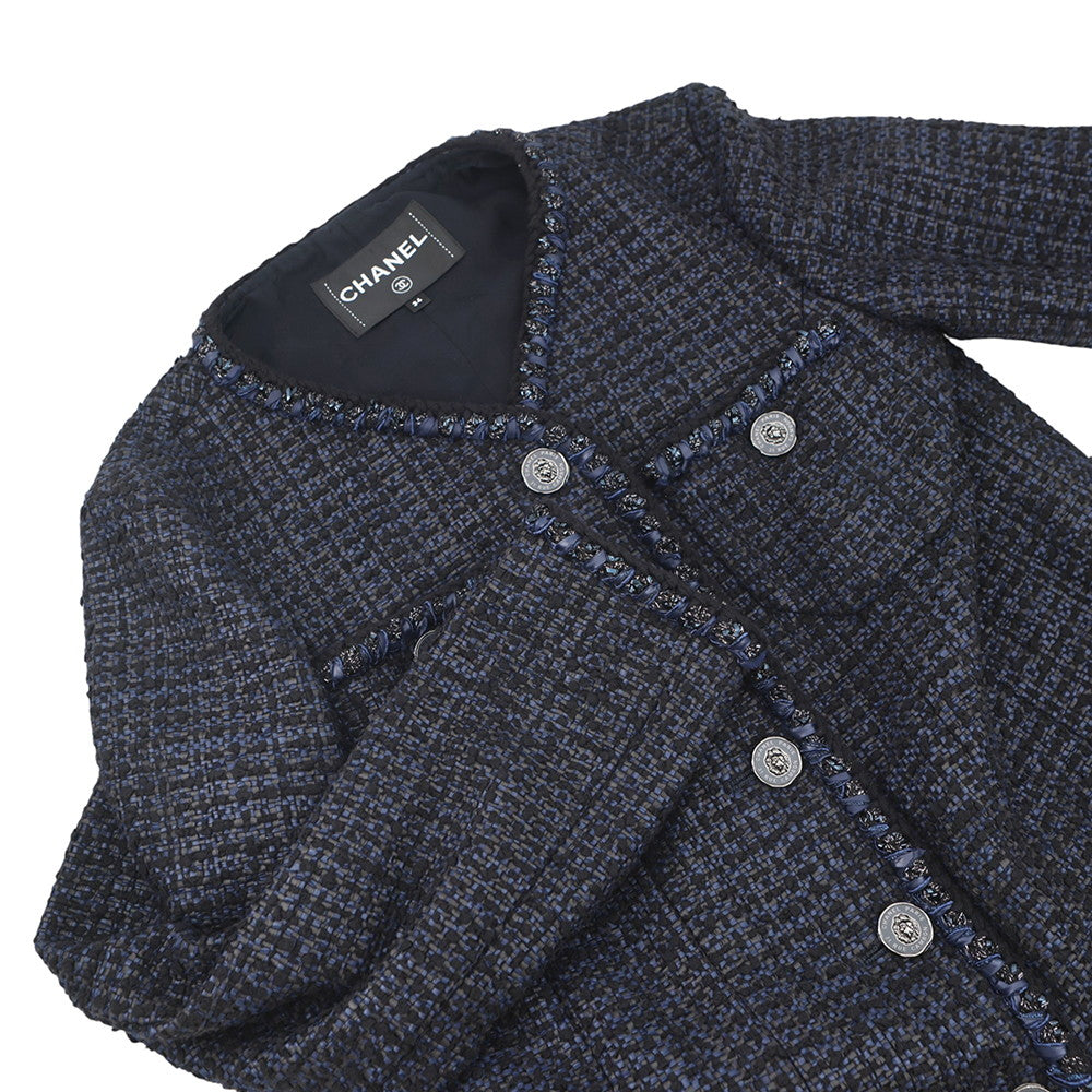 CHANEL Lion Button Collarless Jacket Size 34 NavyP72421 Tweed