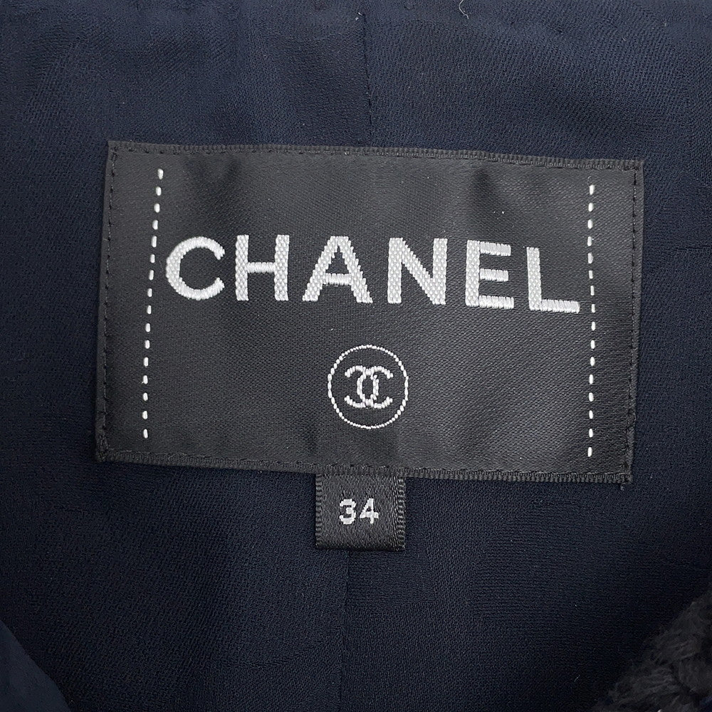 CHANEL Lion Button Collarless Jacket Size 34 NavyP72421 Tweed
