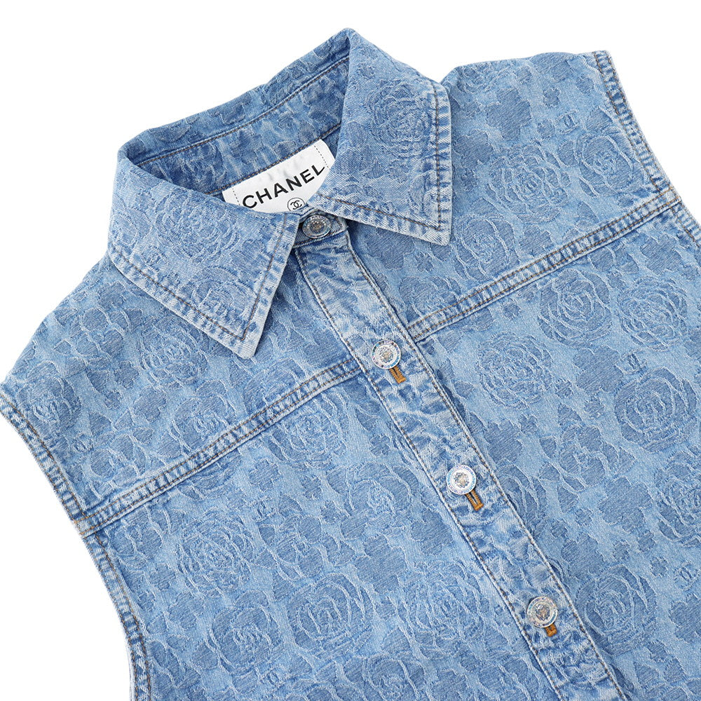 CHANEL Camellia Vest Size 36 Light BlueP74492 Cotton