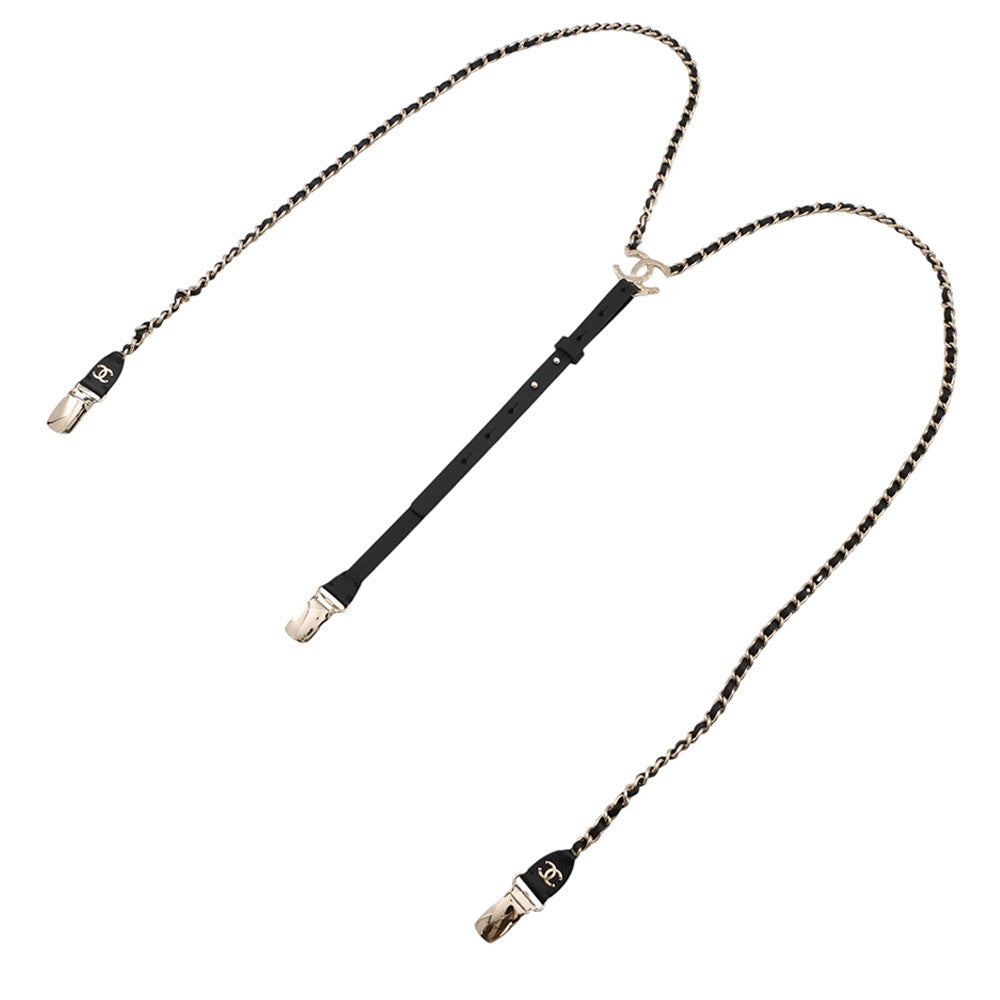 CHANEL CC Logo Chain Suspenders Black Leather Size M