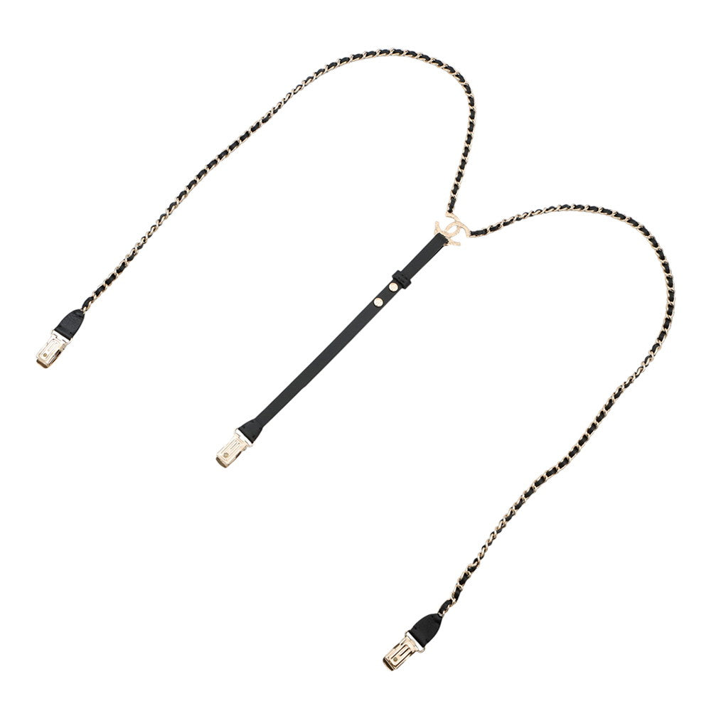 CHANEL CC Logo Chain Suspenders Black Leather Size M