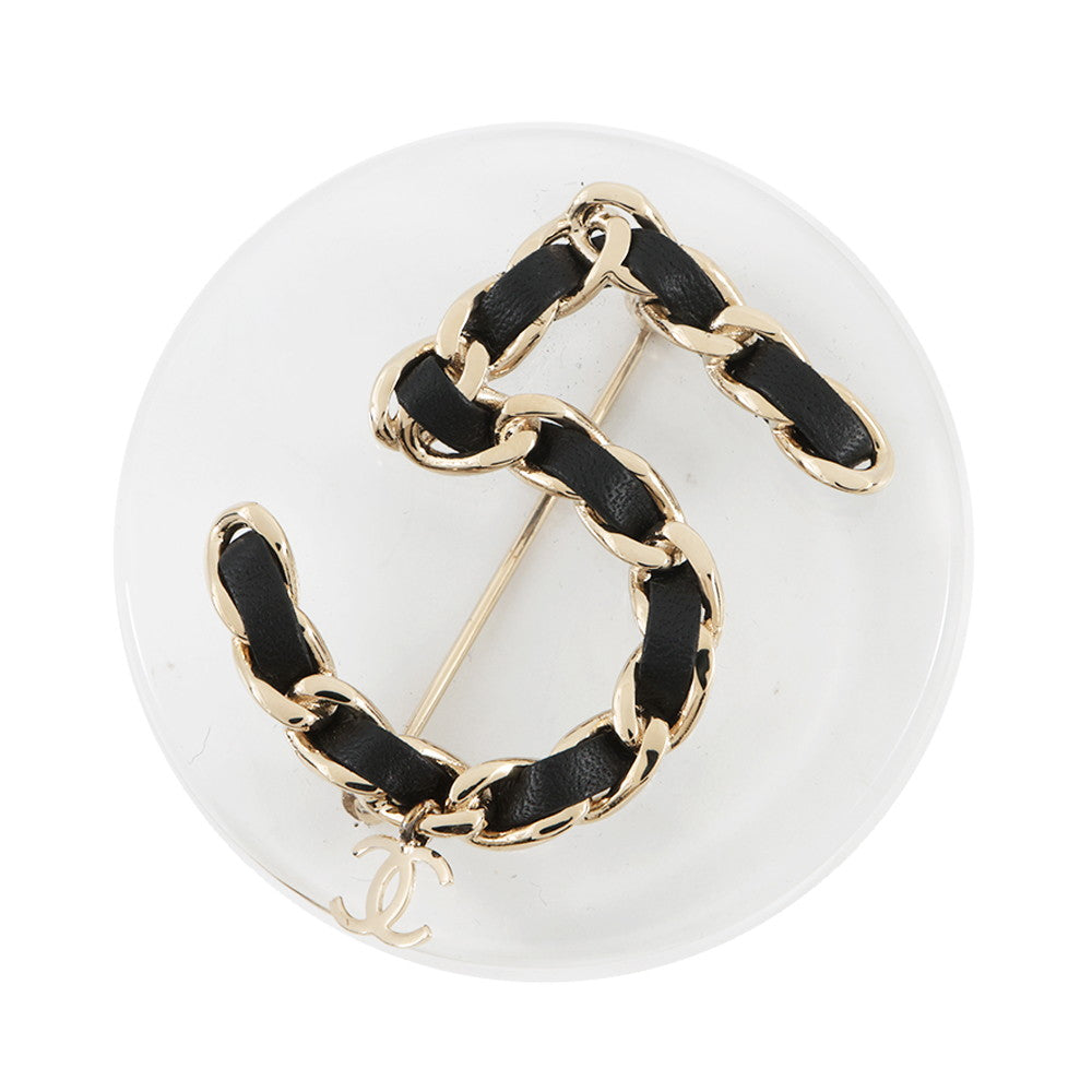 CHANEL NO.5 Brooch Black Leather Gold Plated