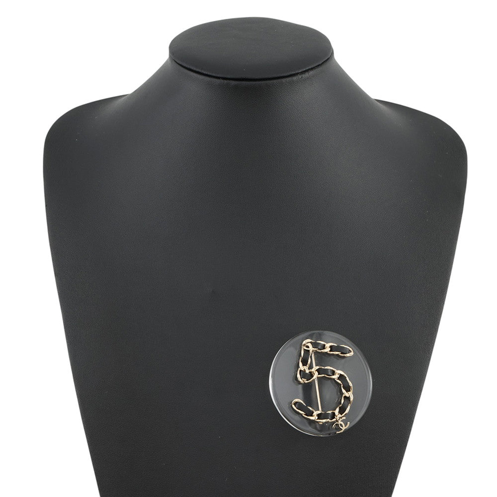 CHANEL NO.5 Brooch Black Leather Gold Plated