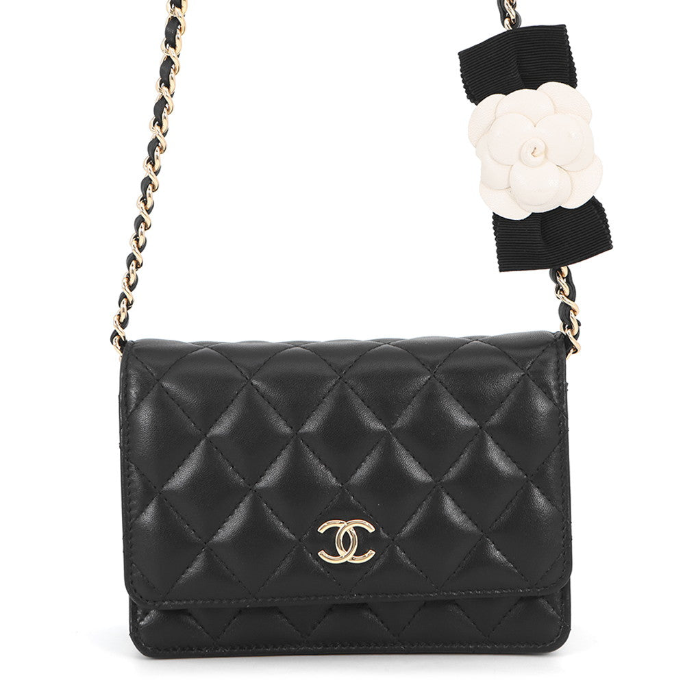 CHANEL Matelasse Camellia Ribbon Chain Wallet BlackAP1649 Lambskin