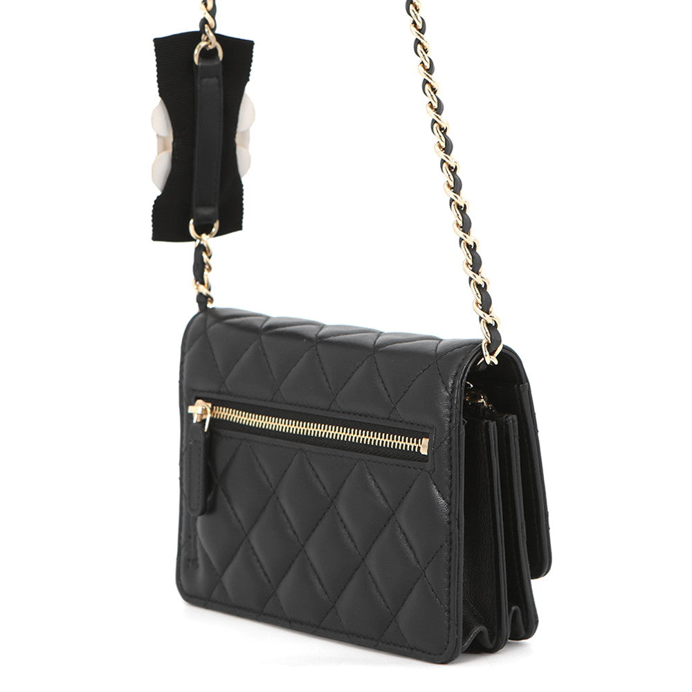 CHANEL Matelasse Camellia Ribbon Chain Wallet BlackAP1649 Lambskin