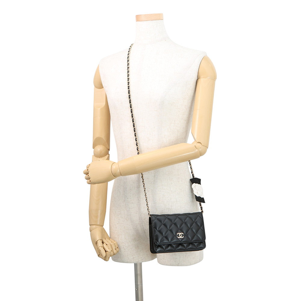 CHANEL Matelasse Camellia Ribbon Chain Wallet BlackAP1649 Lambskin