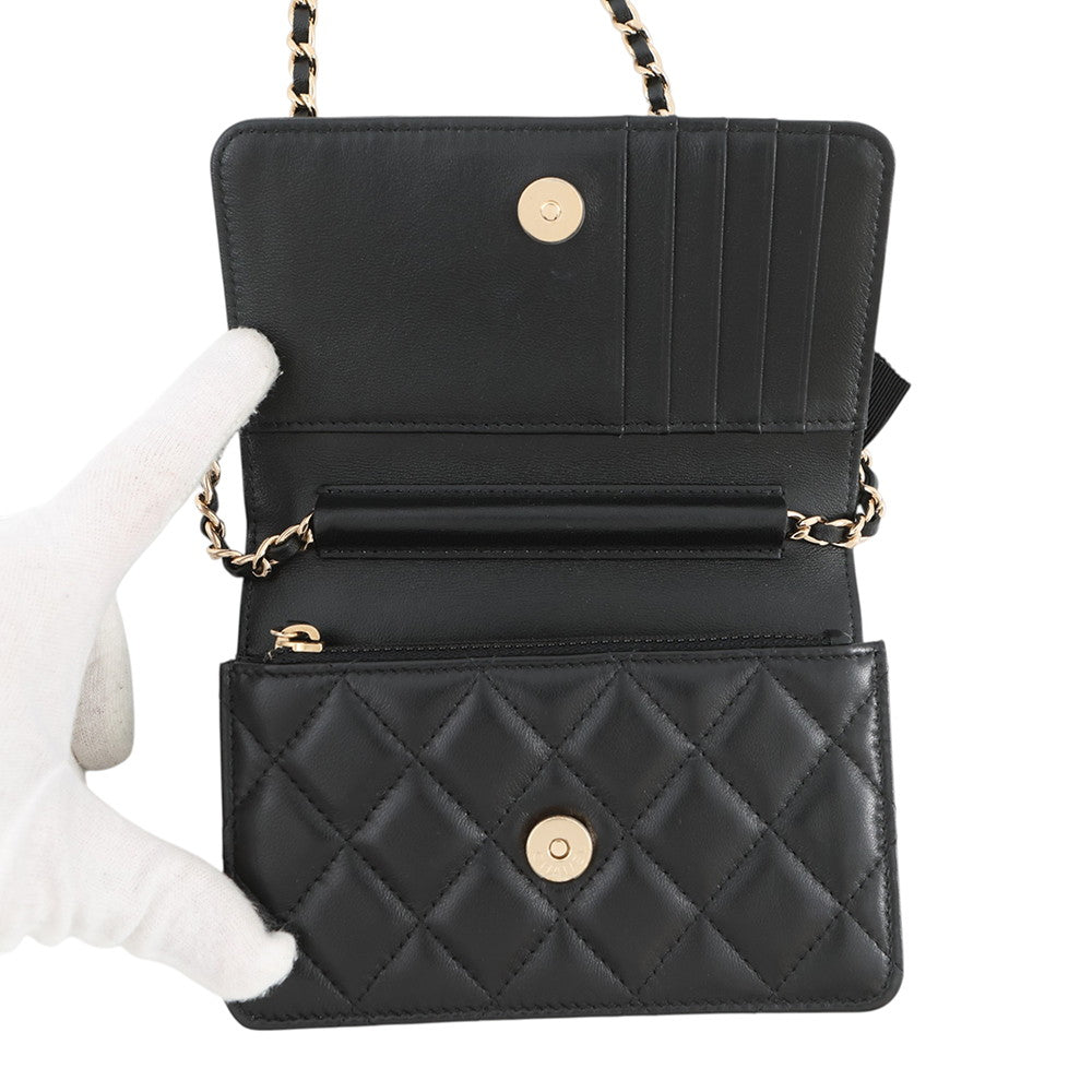 CHANEL Matelasse Camellia Ribbon Chain Wallet BlackAP1649 Lambskin