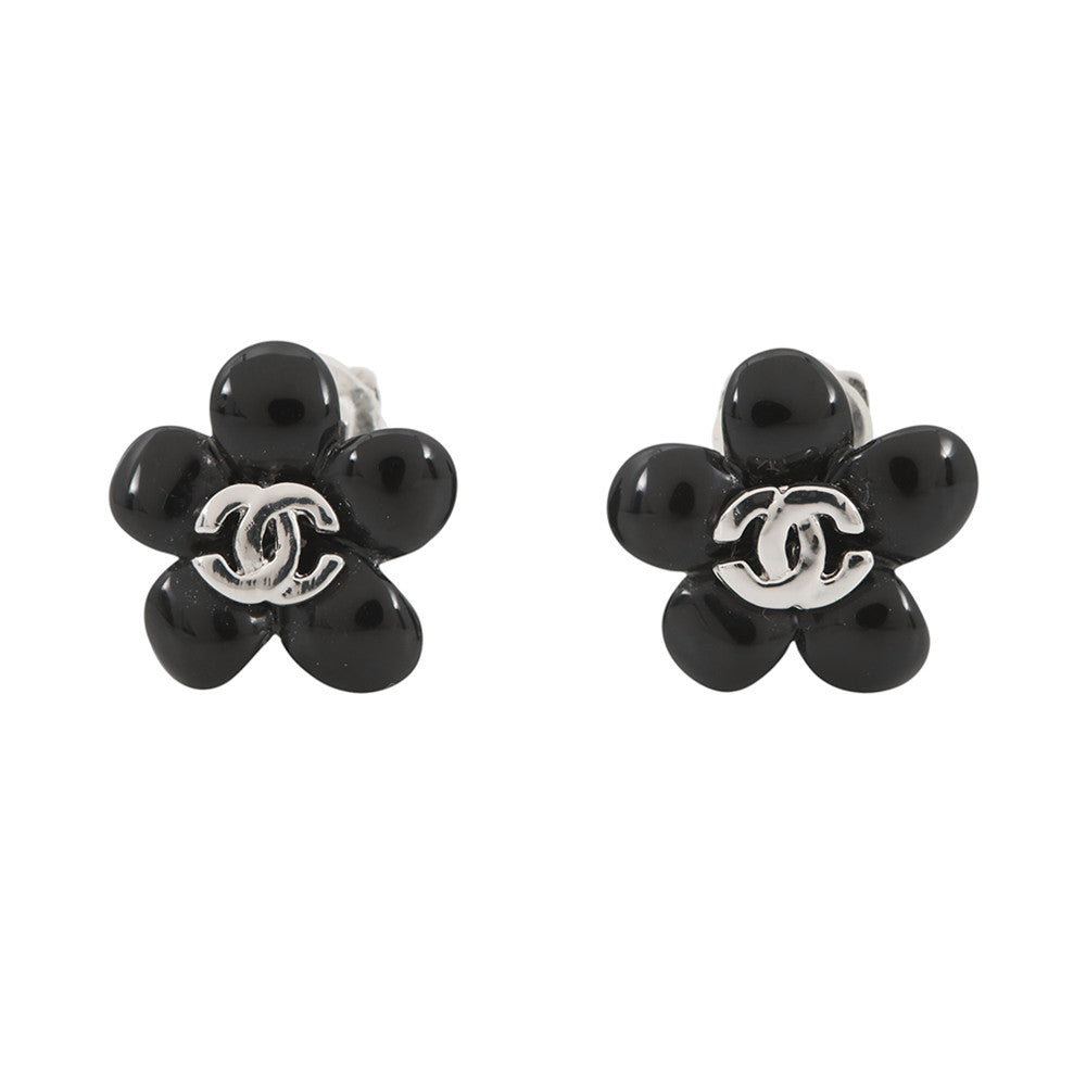 CHANEL Earring Camellia CC Logo Black Metal Resin
