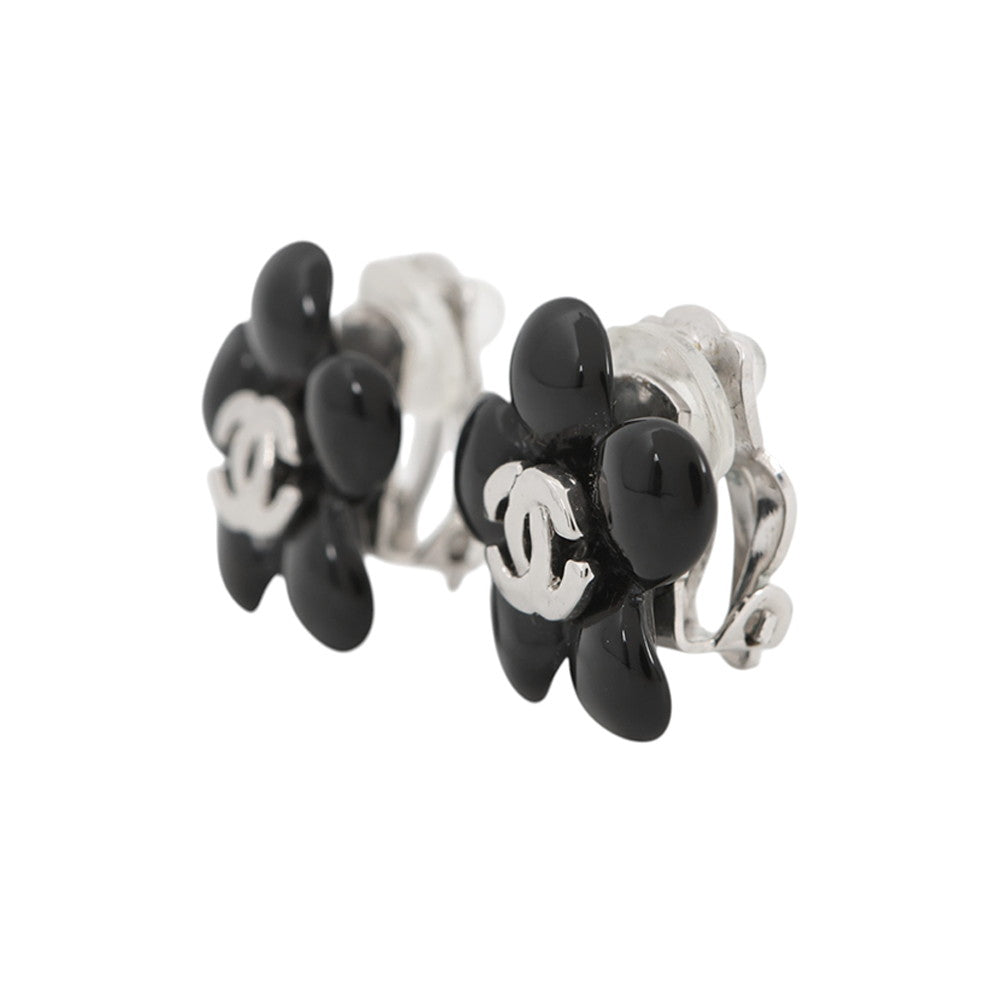 CHANEL Earring Camellia CC Logo Black Metal Resin