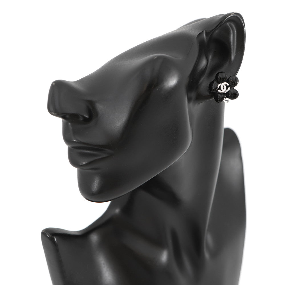 CHANEL Earring Camellia CC Logo Black Metal Resin