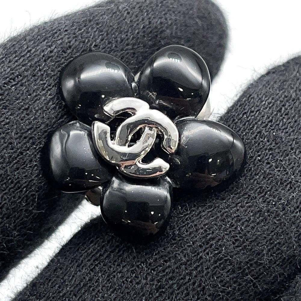 CHANEL Earring Camellia CC Logo Black Metal Resin