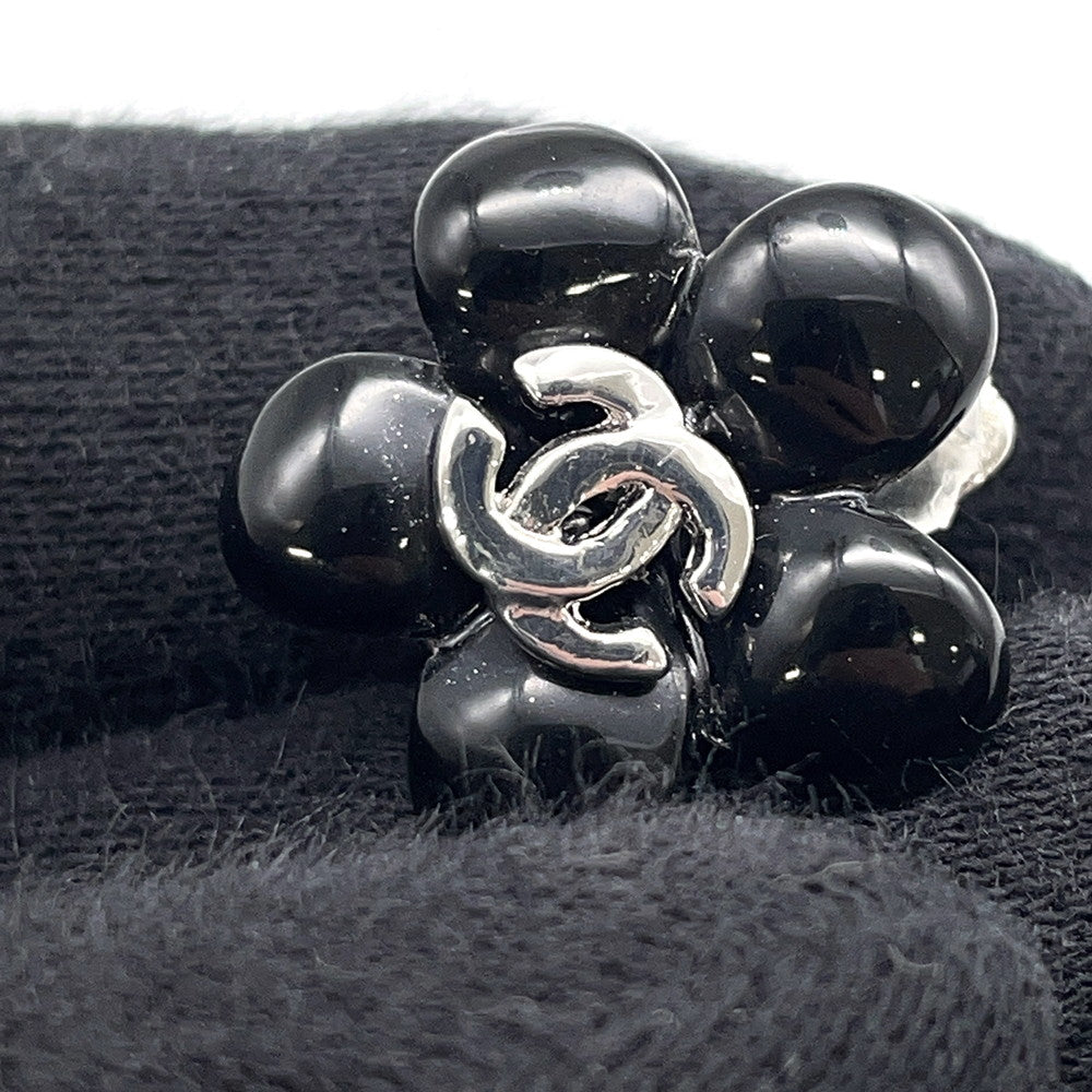 CHANEL Earring Camellia CC Logo Black Metal Resin