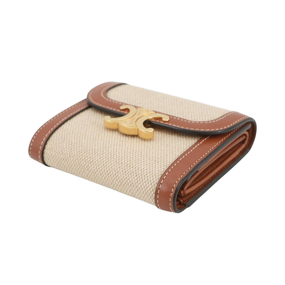 CELINE Triomphe Trifold Compact Wallet Beige/Brown10D783 Canvas/Leather