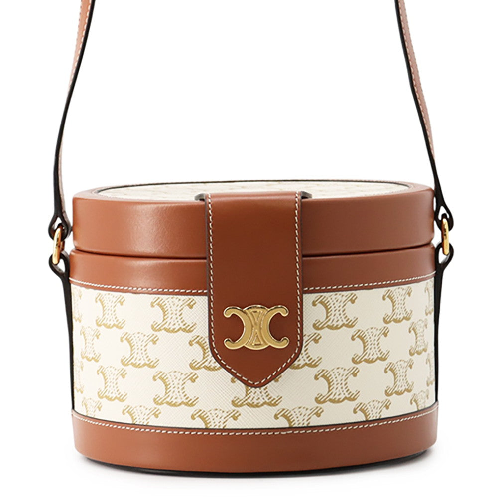 CELINE Triomphe Tambour Shoulder Bag White/Brown195192 PVC Leather Size Medium