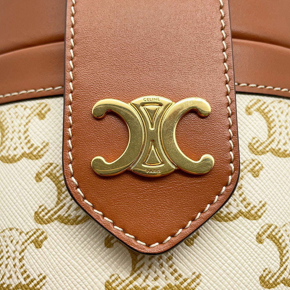 CELINE Triomphe Tambour Shoulder Bag White/Brown195192 PVC Leather Size Medium
