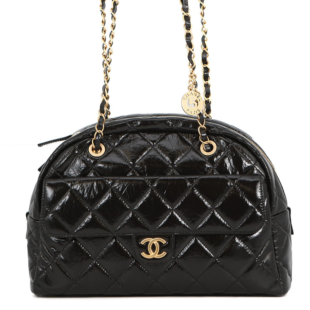 CHANEL maxi bowling bag Black Shiny Calf Leather