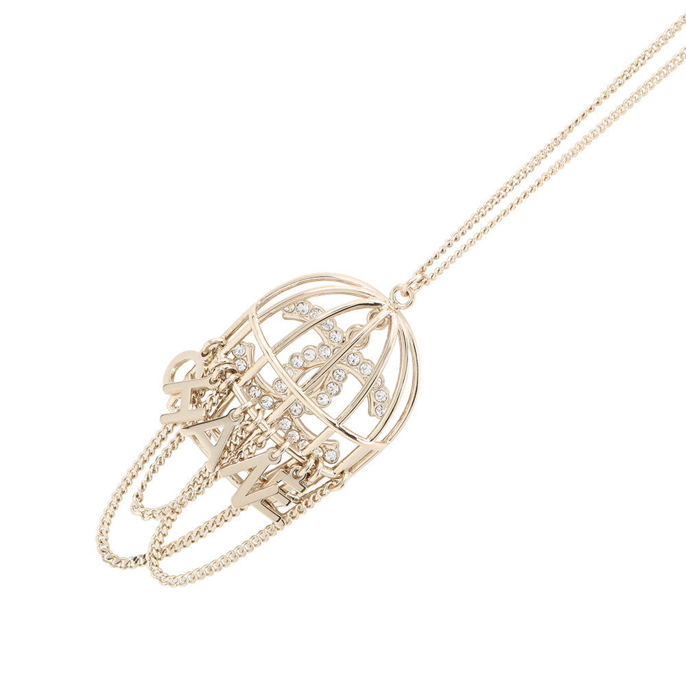 CHANEL Birdcage necklace CC Logo Gold Metal Rhinestone