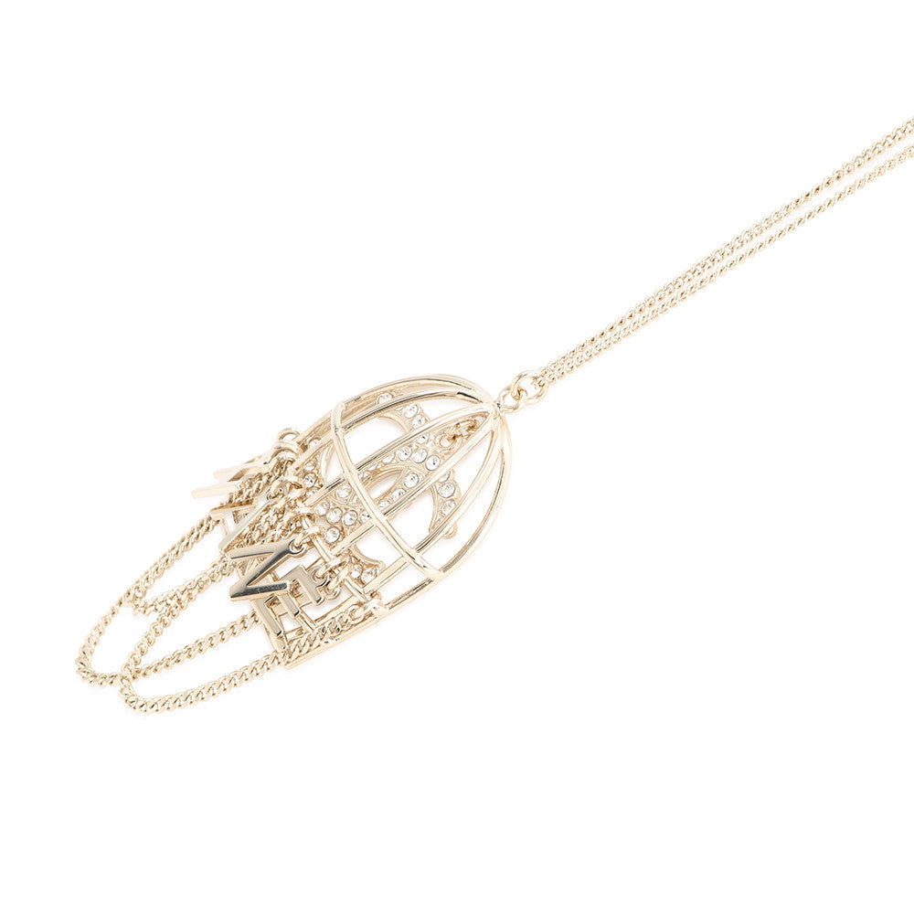 CHANEL Birdcage necklace CC Logo Gold Metal Rhinestone